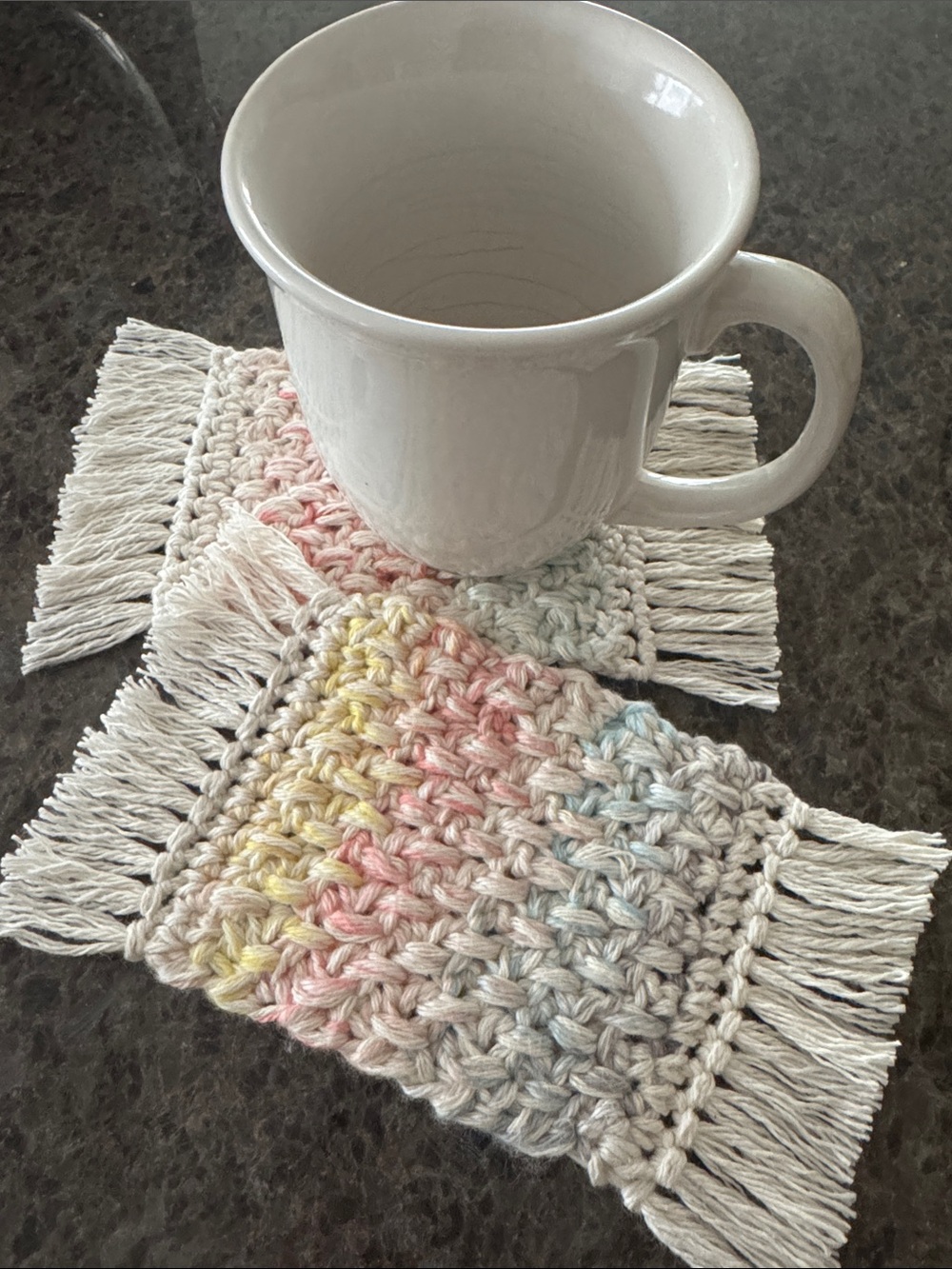 Crochet Mug Rug Coasters Handmade - Pastel Multicolor - 100% Cotton - Set of 2